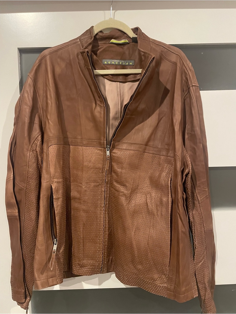 Kenneth Cole Reaction Men's Tan Perforated Leather Bomber Jacket